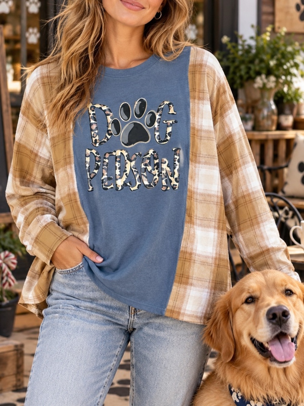 Lily Jean Threads Upcycle Dog Person Blue Tee with Tan Plaid